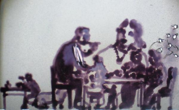Wojtek Bąkowski, „Wnukowie ważniejsi i mniej ważni. Tu jest pokazane wielkością to”, rysunek na taśmie filmowej 32 mm, odbitka 30 x 40 cm, 2008 r.