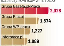 Największe serwisy zgarną większość pieniędzy  z ogłoszeń w sieci. Faktycznym liderem jest grupa Pracuj,  gdyż jej oferty oglądają też użytkownicy Wirtualnej Polski. Bigger