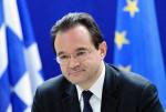 Jeorjos Papakonstantinou, minister finansów Grecji, podczas dzisiejszej konferencji w Brukseli