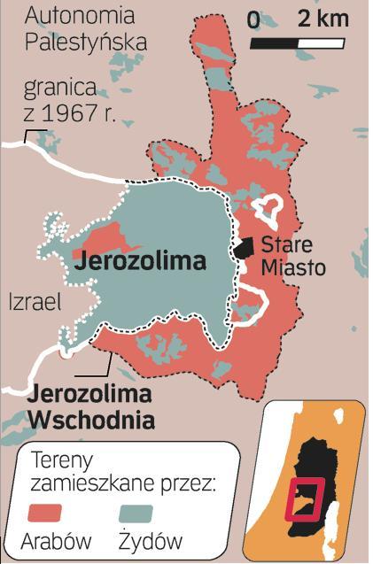 Podzielone święte miasto. Zamieszkana głównie przez Arabów wschodnia Jerozolima została zobyta przez Izrael w 1967 roku. 13 lat później formalnie włączono ją do państwa żydowskiego i do dziś większość Izraelczyków nie chce słyszeć o ponownym podziale miasta. Problem w tym, że Palestyńczycy pragną, by wschodnia Jerozolima była stolicą ich przyszłego państwa. Budowę żydowskich dzielnic w tej części miasta uważają za  próbę storpedowania porozumienia.     	—p.z.