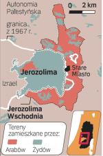 Podzielone święte miasto. Zamieszkana głównie przez Arabów wschodnia Jerozolima została zobyta przez Izrael w 1967 roku. 13 lat później formalnie włączono ją do państwa żydowskiego i do dziś większość Izraelczyków nie chce słyszeć o ponownym podziale miasta. Problem w tym, że Palestyńczycy pragną, by wschodnia Jerozolima była stolicą ich przyszłego państwa. Budowę żydowskich dzielnic w tej części miasta uważają za  próbę storpedowania porozumienia.     	—p.z.