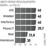 Z Technologii HSPA+ chce skorzystać 6 firm. Łączne dofinansowanie dla tych projektów  to 221,5 mln zł. Dla pozostałych 26 projektów wynosi ono 570 mln zł. 