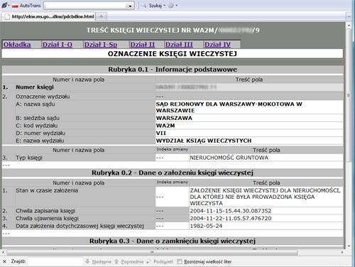 zrzut ekranu z okładką księgi wieczystej dostępnej na stronie ekw.ms.gov.pl