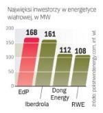 Wiatrowi giganci stawiają coraz większe farmy wiatrowe. Największa uruchomiona farma ma 120 MW, ale w planach są na 300 - 500 MW