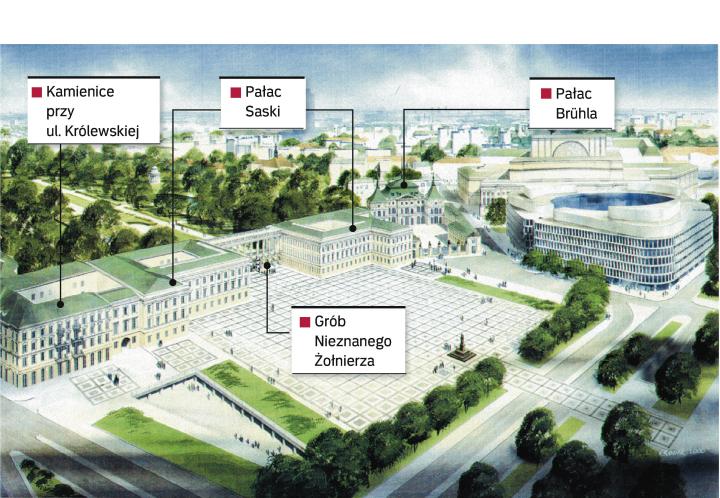 Tak miał wyglądać pl. Piłsudskiego po odbudowaniu Pałacu Saskiego. Swoją siedzibę miały w nim znaleźć władze Warszawy 