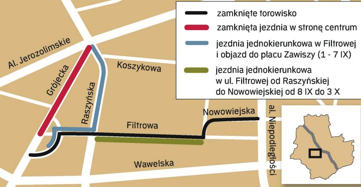 Fatalna sytuacja jest nie tylko na ulicach Filtrowej i Raszyńskiej, ale także na sąsiednich: Wawelskiej, a nawet Banacha. Sytuacja unormuje się dopiero w październiku. 