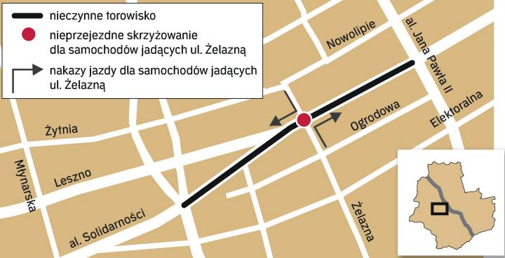 Ulicą Żelazną nie pojedziemy samo- chodem  prosto przez al. Solidarności. A skręcając w aleję, zarówno w stronę ul. Okopowej, jak i al. Jana Pawła II, musimy się liczyć z tym, że jest zwężona o jeden pas. Korki murowane. Utrudnienia potrwają przez dwa tygodnie. 