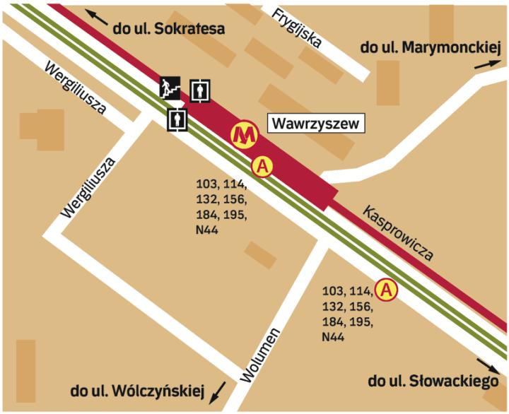Wawrzyszew. Stacja przy Wolumenie, w wąskim gardle ul. Kasprowicza. Ona też przez dwa miesiące stała zamknięta. Dowiozą nas tutaj autobusy linii 103, 114, 132, 156, 184 i 195. 