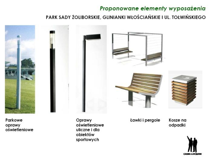 PARK SADY ŻOLIBORSKIE, GLINIANKI WŁOŚCIAŃSKIE I UL. TOŁWIŃSKIEGO. Proponowane elementy wyposażenia