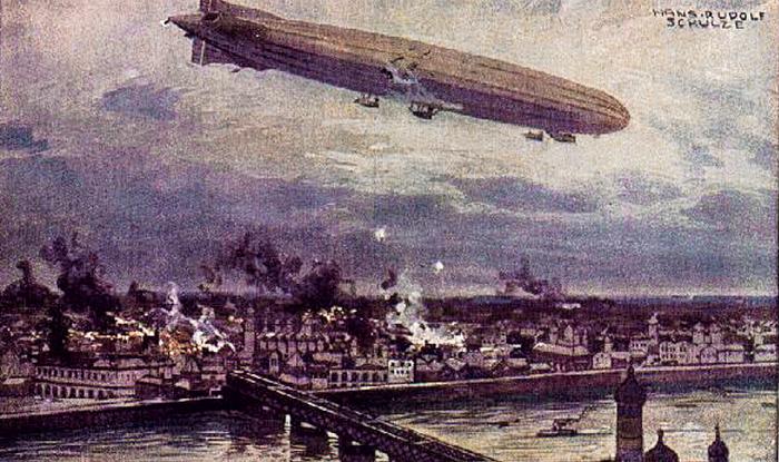 *Pocztówka z epoki mająca poprawić pruskie samopoczucie – bomby lecą na Warszawę – jak to wyobrażał sobie niemiecki rysownik