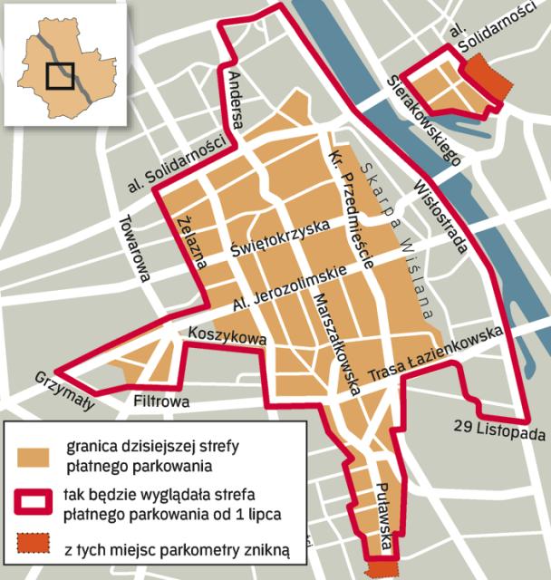 Płatne parkowanie: strefa urosła. Od dzisiaj płatna strefa urosła do 27 tys. miejsc i ponad 1,4 tys. urządzeń. Wczoraj liczyła ponad 21 tys. miejsc parkingowych i ponad 1,2 tys. parkometrów. W ub. roku wpływy z parkometrów wyniosły 44,9 mln zł. W tym roku mają osiągnąć ok. 53 mln zł.