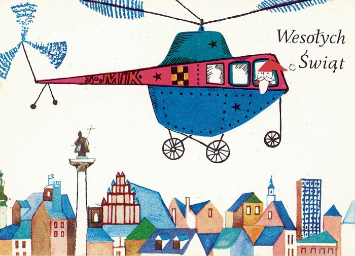 Świąteczne kartki projektowali znani plastycy. Helikopter Marii Heidrich.