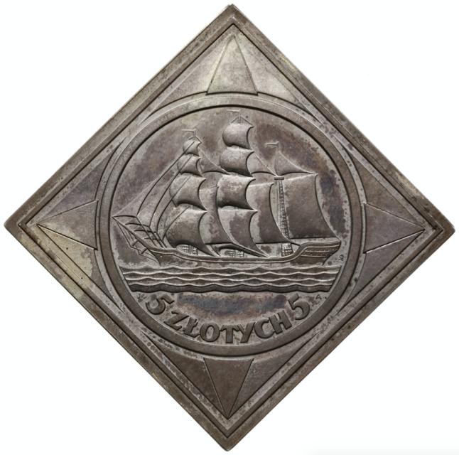 moneta 1936 roku upamiętnia budowę portu  w Gdynii