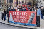 Demonstranci protestują w Londynie przeciwko brexitowi przed piątą rocznicą oficjalnego wyjścia Wielkiej Brytanii z UE, 29 stycznia 2025 r. Hasło na plakacie to gra słów: można je odczytać jako „ogromny sukces”, ale i jako nawiązanie do słynnego transatlantyku, który zatonął w dziewiczym rejsie