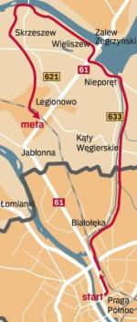 Trasa 2: Rondo Starzyńskiego – Jezioro Zegrzyńskie – Dębe – PKP Legionowo (45 km): z ronda Starzyńskiego, wiaduktem kolejowym przez ulicę Golędzinowską, wzdłuż Kanału Królewskiego dotrzemy do Nieporętu. Zielonym szlakiem rowerowym, wałem nad Narwią dojedziemy także do zapory wodnej w Dębem. Stąd już tylko 14 km do Legionowa.