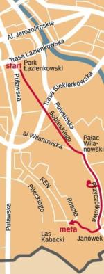 Łazienki – Powsin – Metro Kabaty (15 km): Z rodzinnych Łazienek przez Al. Ujazdowskie, Belwederską, Sobieskiego, mijając Morskie Oko i al. Wilanowską docieramy do Wilanowa. Stąd przez Nowoursynowską i Wąwozową trafimy już do lasku Kabackiego.