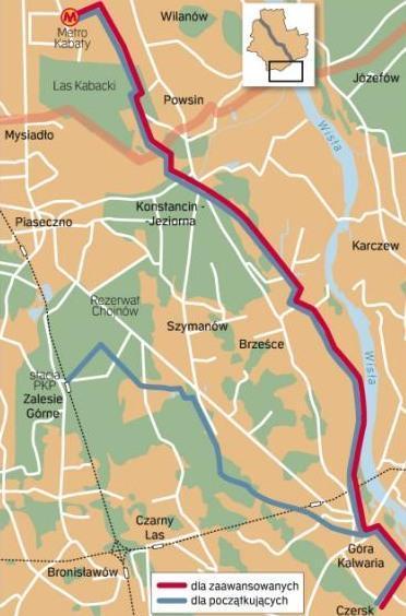 Szlak do ruin zamku w Czersku: Pierwszy szlak wiedzie ze stacji metra Kabaty przez Powsin, Konstancin, Cieciszew oraz Górę Kalwarię do Czerska i z powrotem (ok. 65 km). Druga opcja – dla mniej wytrawnych rowerzystów – przewiduje przejazd z Kabat przez Czersk do Zalesia Górnego i stamtąd powrót pociągiem PKP (ok. 45 km).