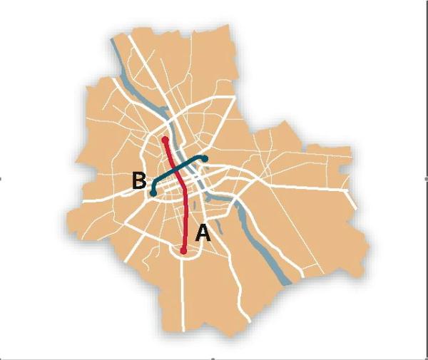 1939 rok. Życie zweryfikowało plany z poprzedniego roku. Linia A. Służewiec – plac Wilsona. Połączenie tras 1. oraz 2. Linia B. Dworzec Zachodni – Dworzec Wschodni. Oszczędnościowy wariant linii obwodowej. Drugą jej część miano zbudować później. 