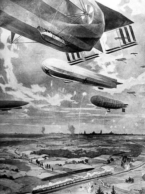 *Gloryfikacja cesarskich sił powietrznych. Zeppeliny wszystkich typów atakują wycofujące się rosyjskie wojska na wschód od miasta. W tle wieże Warszawy. Warto zwrócić uwagę na gondolę największego statku powietrznego – jeden z żołnierzy rzuca ręką bombę na pociąg.