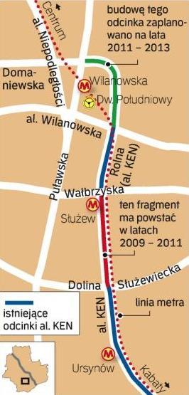 Budowa al. KEN trwa od 1997 roku, głównie na Ursynowie. Wyczekiwany odcinek mokotowski ma odciążyć zakorkowane skrzyżowanie ul. Puławskiej, al. Niepodległości i al. Wilanowskiej. 