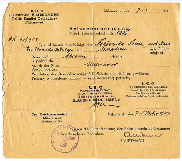 *Wystawiony 7 października 1944 roku dokument marzeń, czyli niemieckie zezwolenie na popowsta- niowe przesiedlenie do rodziny mieszkającej w Opocznie. Kosztował dwie butelki koniaku, które postawiono na stole przed podpisanym u dołu oficerem