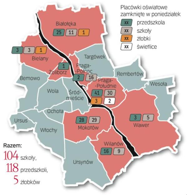 Dziś uczniowie mają wolne, bo woda zagraża szkołom. Ponad 220 stołecznych szkół i przedszkoli oraz pięć żłobków będzie dziś zamkniętych. Powód? Znajdują się na terenach zagrożonych powodzią. Tak zdecydowała w sobotę prezydent Warszawy. Ewakuacja dzieci jest szczególnie trudna. O zamknięciu szkół i przedszkoli niepublicznych mają decydować już sami dyrektorzy. Ratusz jedynie zasugerował, by zrezygnowali z zajęć. Spis wszystkich nieczynnych szkół, przedszkoli i żłobków, a także świetlic (wraz z telefonami do  dyrektorów) dostępny jest na stronie www.um.warszawa.pl. Informacje można też uzyskać, dzwoniąc na infolinię 800 707 047 lub w Biurze Edukacji przy ul. Górskiego7 i pod numerem 22 443 35 11. Nie jest wykluczone, że zagrożone szkoły będą zamknięte również we wtorek. 