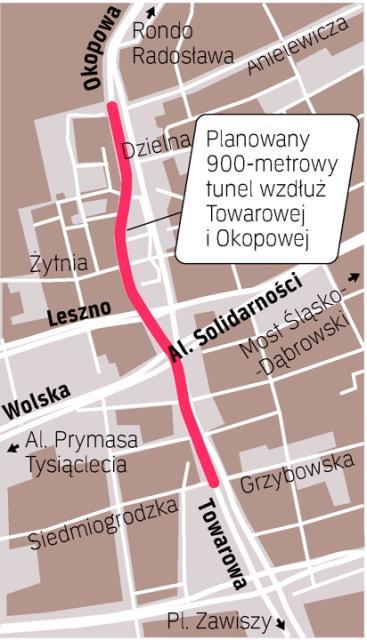 Samochody miałyby zjeżdżać sześć metrów pod ziemię na odcinku między Anielewicza a Grzybowską. Tonące codziennie w korkach ulice Towarowa i Okopowa to fragment tzw. obwodnicy Śródmieścia.