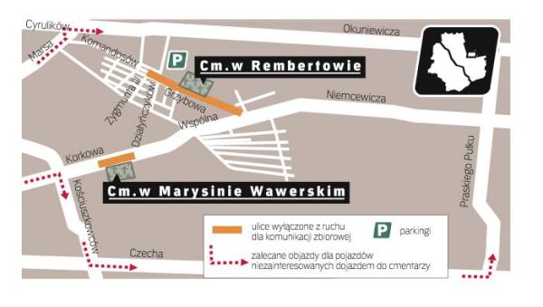 Parkujemy przy zapchanych ulicach w rejonie cmentarzy. W drodze będzie trzeba stać w korku na skrzyżowaniu ul. Marsa, Płowieckiej i Trasy Siekierkowskiej. 