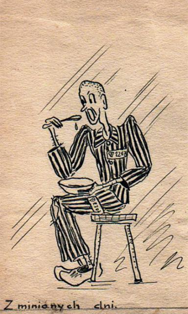 Wojna przyniosła wiele nieszczęść, w tym pobyt w Auschwitz (karykatura  autorstwa Jachniny), ale także autorstwo okupacyjnego „przeboju”. 