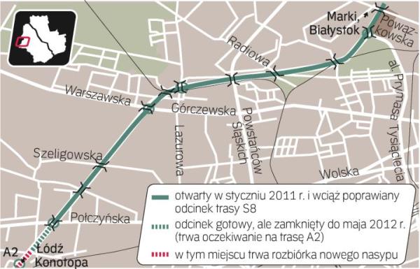 Trasa s8 przez Bemowo. Pięć węzłów drogowych, dwa razy po trzy pasy i pasy awaryjne. To droga ekspresowa S8, którą w 2012 r. pojedzie ruch z autostrady A2. Według GDDKiA, stanie się to przed Euro 2012.