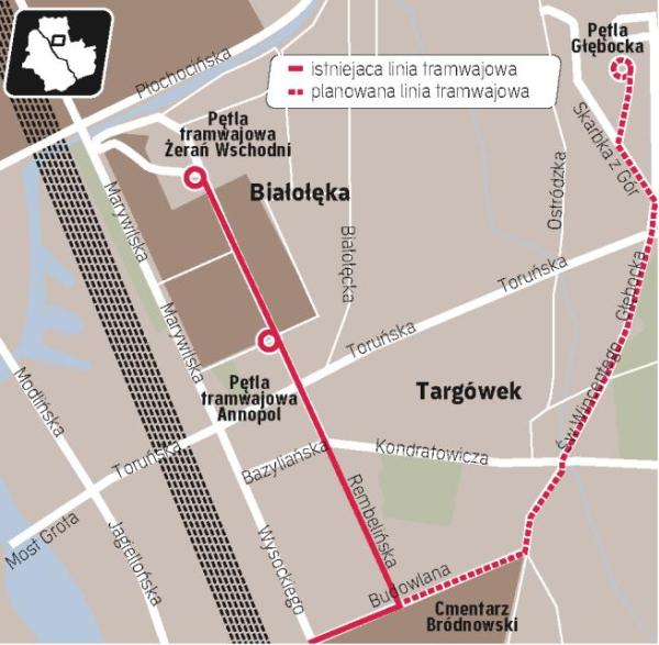 Linia na ul. św. Wincentego i Głębockiej umożliwiłaby dojazd z Białołęki do ronda Żaba, a stąd mostem Gdańskim do metra. Trasę Toruńską tramwaj pokonałby wiaduktem. GDDKiA nie zbudowała tego obiektu w ramach trwającej przebudowy trasy. 
