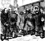 Spłacanie procentów  w roku 1885. To satyryczny rysunek  z „Muchy”, przedstawiający emerytów pod okienkiem bankowym. Podpis: „Miesięczne karmienie wężów odmiany  Lich - wiarz”   