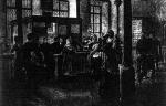 Sala warszawskiego lombardu miejskiego przed 130 laty – gazetowy rysunek ciemny, tak jak  i okoliczności zmuszające ludzi do pożyczania pod zastaw. 