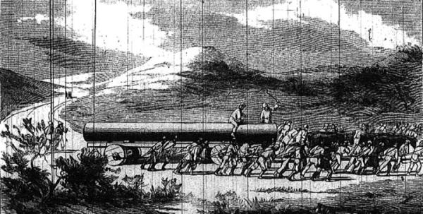 Rysunek  gazetowy  z połowy  XIX wieku, zrobiony  według niderlandzkiego miedziorytu  z epoki, przedstawiający transport kolumny ku Wiśle  