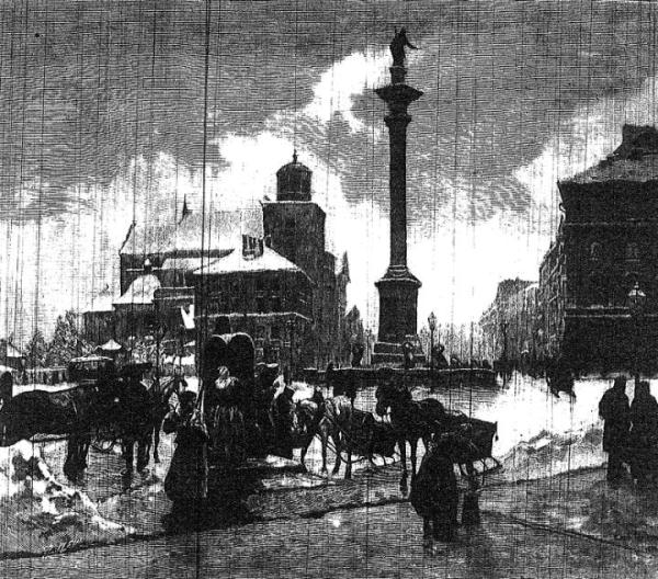 Grawiura sprzed półtora wieku przedstawiająca plac Zygmuntowski, jak go niektórzy zwali 