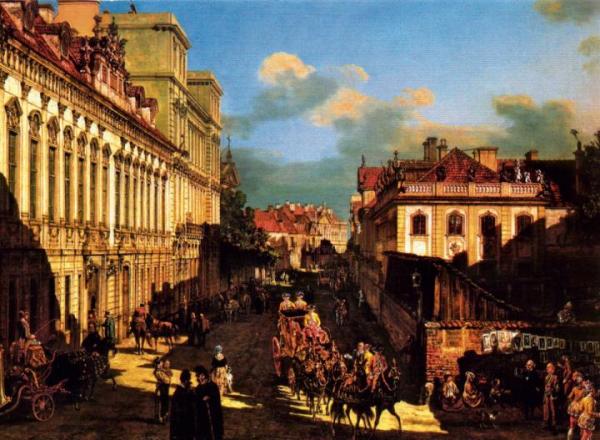 Ulica Miodowa w 1777 r. Na obrazie Canaletta widać po lewej pałac Teppera (drugi budynek) 