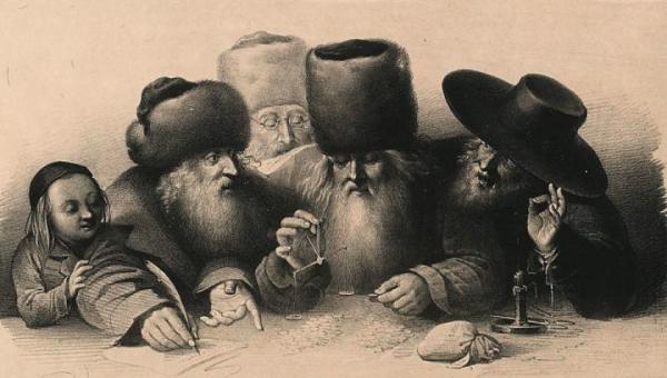 „Spekulacya na prędce, czyli handlowa spółka”  – rysunek  z roku 1841. Wedle powszechnego postrzegania starozakonni zajmowali się handlem, lichwą bądź rzemiosłem. Nie wszystkim to odpowiadało, stąd i często absurdalne przepisy  