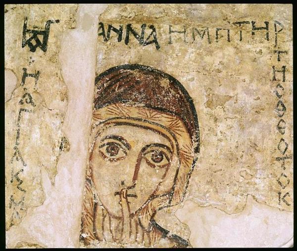 Św. Anna z Faras, nad nią napis po grecku: Anna, Matka Bogurodzicy, VIII–IX w.